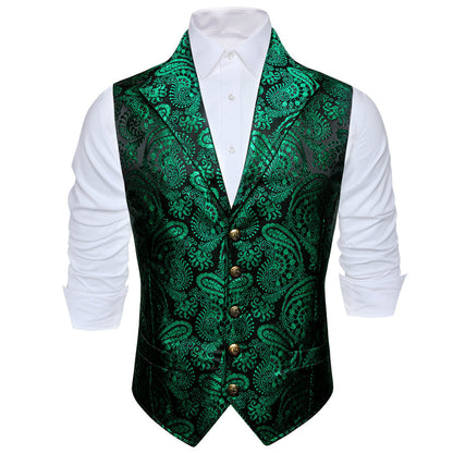 Green Black Paisley Jacquard Men's Collar Suit Vest Set vest set    - Sophisticated Gentlemen