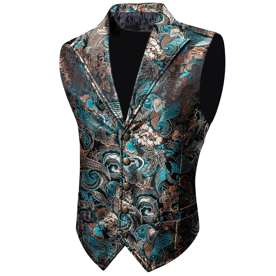 Black Champagne Blue Floral Jacquard Men's Collar Vest Set vest set S (Chest 40")   - Sophisticated Gentlemen