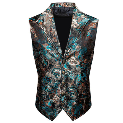 Black Champagne Blue Floral Jacquard Men's Collar Vest Set vest set    - Sophisticated Gentlemen