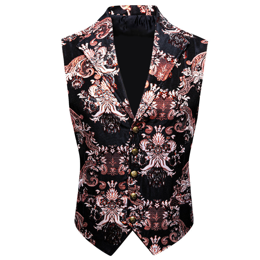 Black Pink Red Floral Jacquard Men's Collar Vest Set vest set    - Sophisticated Gentlemen