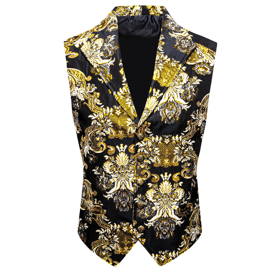 Yellow Black Floral Jacquard Men's Collar Suit Vest Set vest set    - Sophisticated Gentlemen