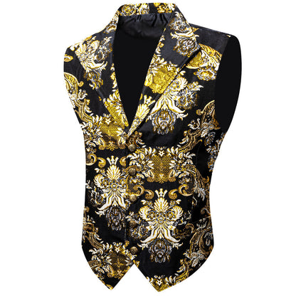 Yellow Black Floral Jacquard Men's Collar Suit Vest Set vest set S (Chest 40")   - Sophisticated Gentlemen