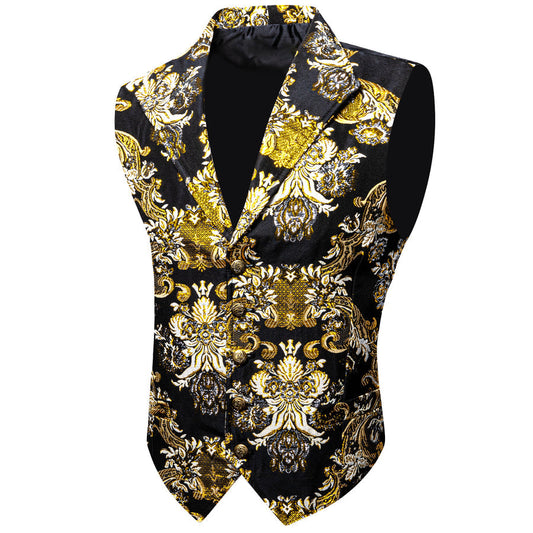 Yellow Black Floral Jacquard Men's Collar Suit Vest Set vest set S (Chest 40")   - Sophisticated Gentlemen
