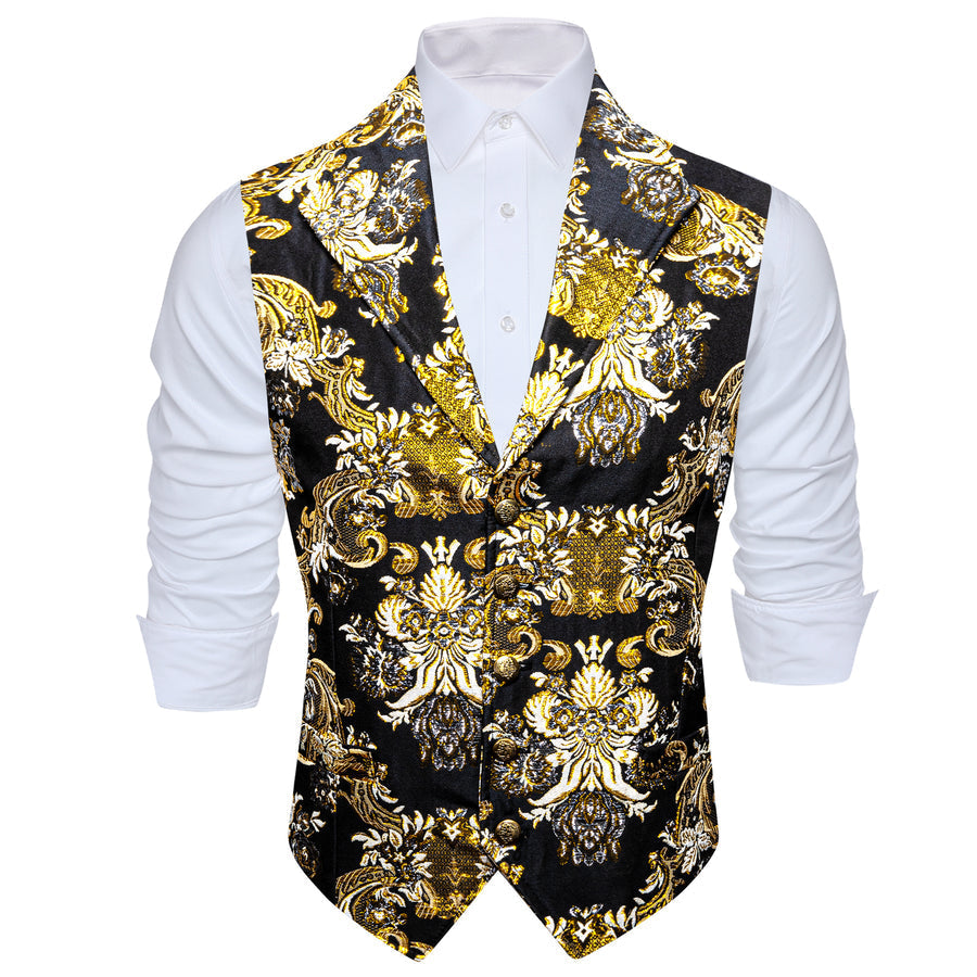 Yellow Black Floral Jacquard Men's Collar Suit Vest Set vest set    - Sophisticated Gentlemen