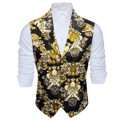 Yellow Black Floral Jacquard Men's Collar Suit Vest Set vest set    - Sophisticated Gentlemen