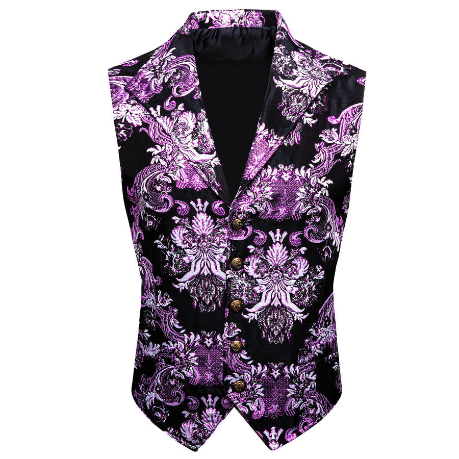 Purple Black Floral Jacquard Men's Collar Vest Set vest set    - Sophisticated Gentlemen