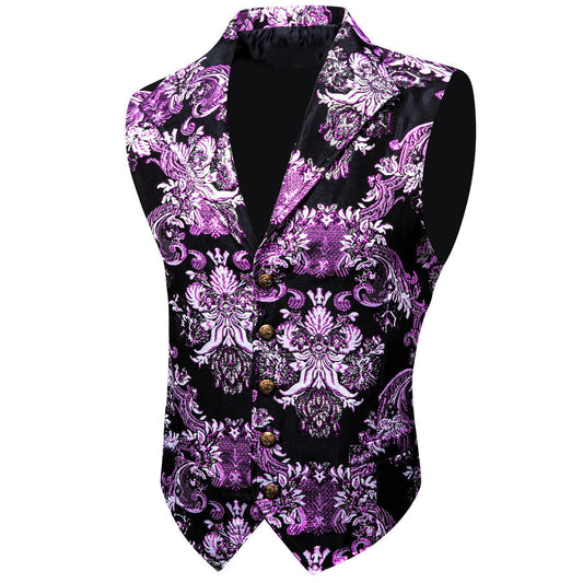 Purple Black Floral Jacquard Men's Collar Vest Set vest set S (Chest 40")   - Sophisticated Gentlemen