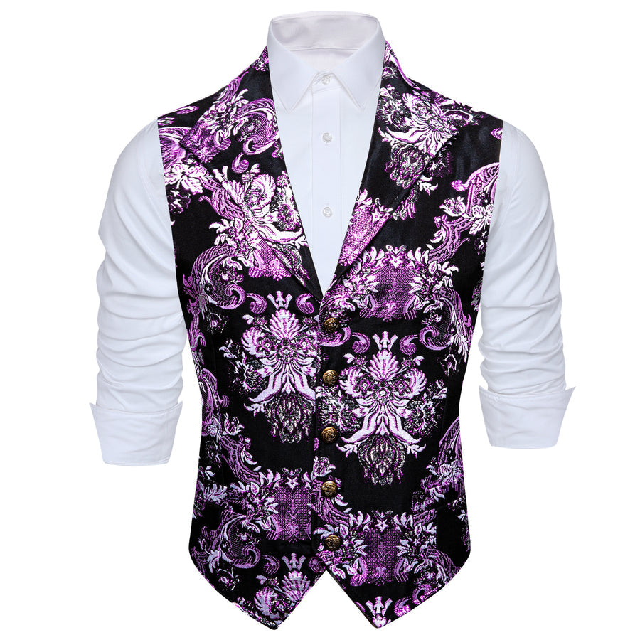 Purple Black Floral Jacquard Men's Collar Vest Set vest set    - Sophisticated Gentlemen