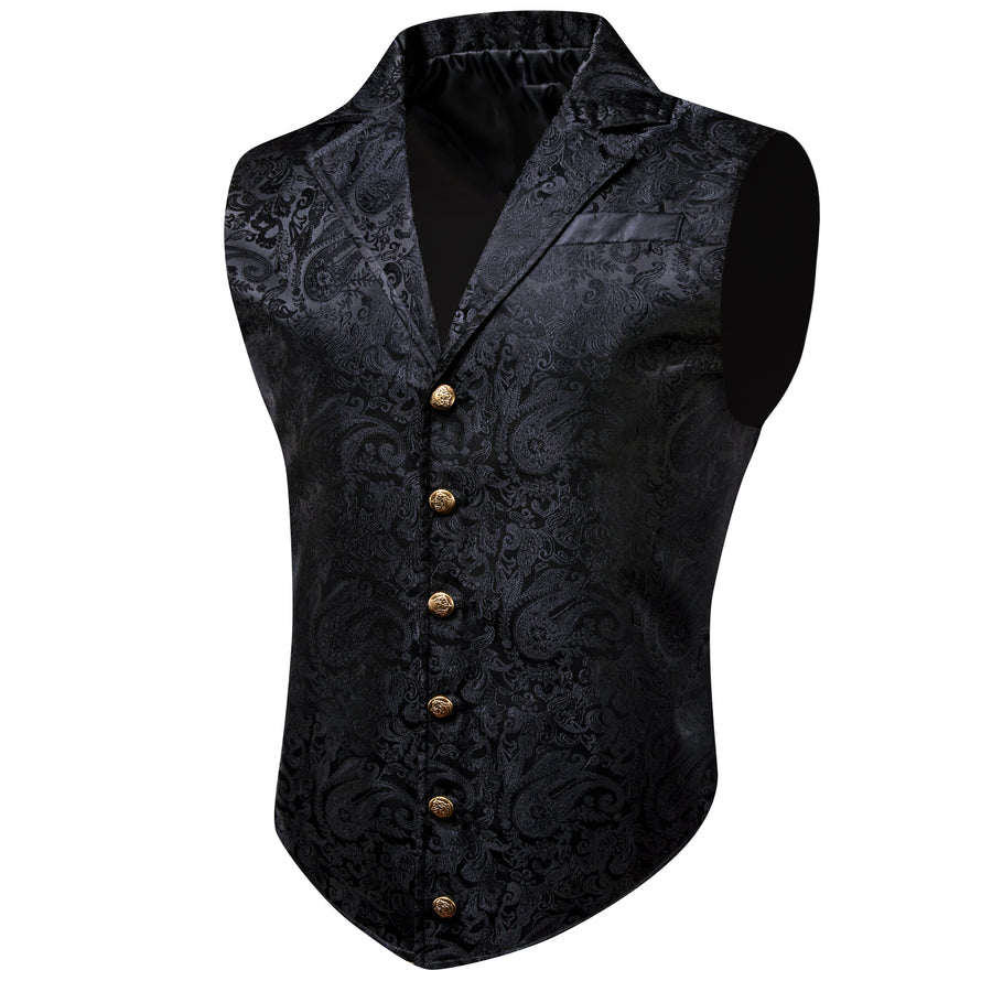 Black Floral Jacquard Men's Collar Suit Vest Set vest set S (Chest 40")   - Sophisticated Gentlemen