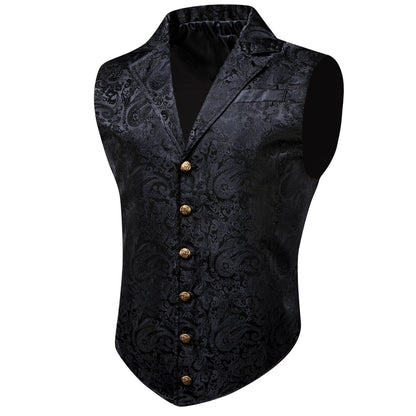 Black Floral Jacquard Men's Collar Suit Vest Set vest set S (Chest 40")   - Sophisticated Gentlemen