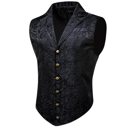 Black Floral Jacquard Men's Collar Suit Vest Set vest set S (Chest 40")   - Sophisticated Gentlemen