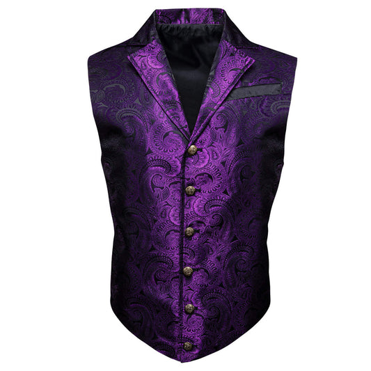 Indigo Purple Paisley Silk Notched Collar Vest Set vest set S (Chest 40")   - Sophisticated Gentlemen