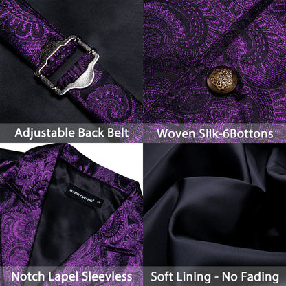 Indigo Purple Paisley Silk Notched Collar Vest Set vest set    - Sophisticated Gentlemen