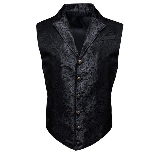 Black Paisley Silk Notched Collar Suit Vest Set vest set S (Chest 40")   - Sophisticated Gentlemen