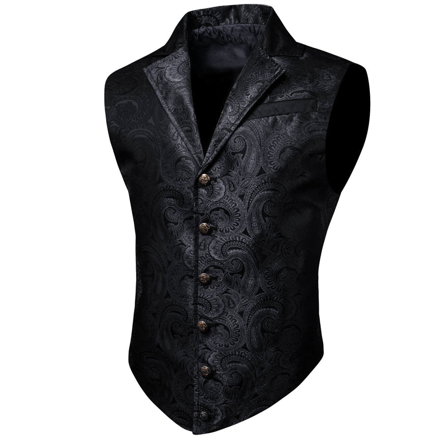 Black Paisley Silk Notched Collar Suit Vest Set vest set    - Sophisticated Gentlemen