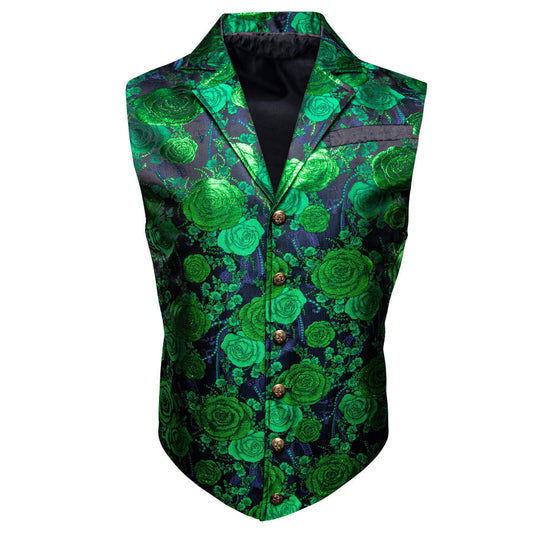 Green Woven Floral Silk Notch Collar Vest Set vest set S (Chest 40")   - Sophisticated Gentlemen