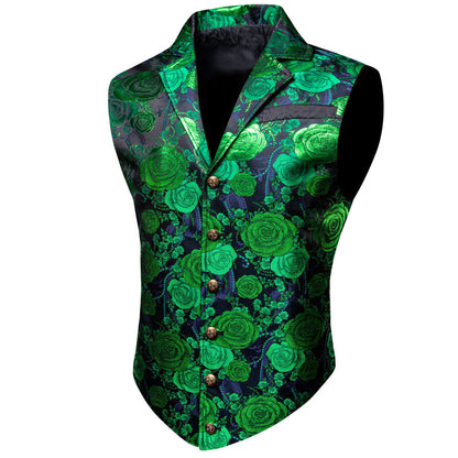 Green Woven Floral Silk Notch Collar Vest Set vest set    - Sophisticated Gentlemen