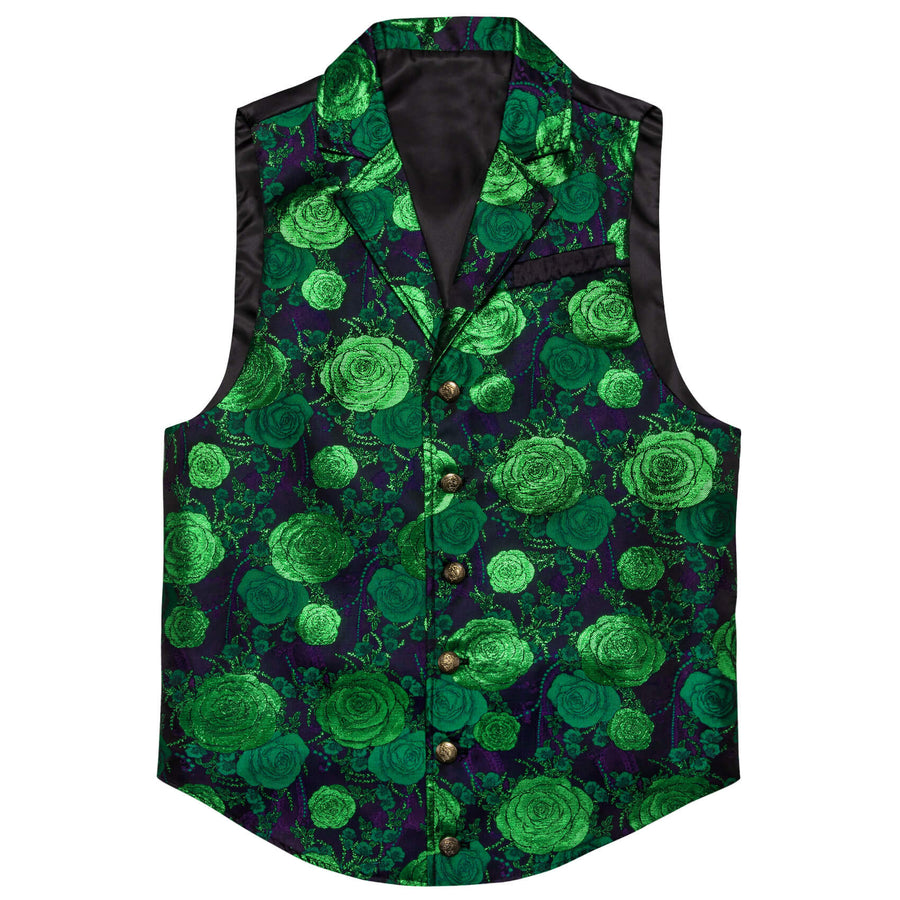 Green Woven Floral Silk Notch Collar Vest Set vest set    - Sophisticated Gentlemen