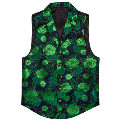 Green Woven Floral Silk Notch Collar Vest Set vest set    - Sophisticated Gentlemen