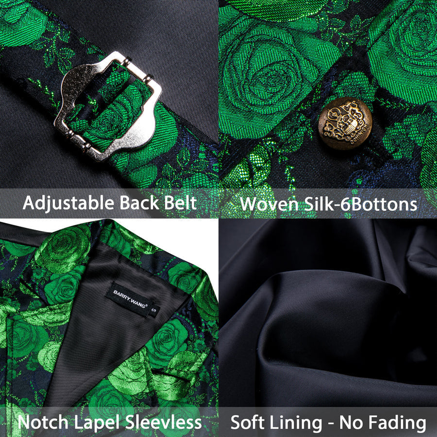 Green Woven Floral Silk Notch Collar Vest Set vest set    - Sophisticated Gentlemen