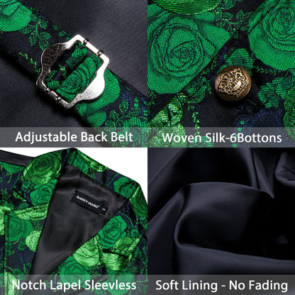 Green Woven Floral Silk Notch Collar Vest Set vest set    - Sophisticated Gentlemen