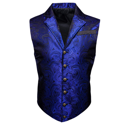 Blue Paisley Silk Notched Collar Vest Set vest set S (Chest 40")   - Sophisticated Gentlemen