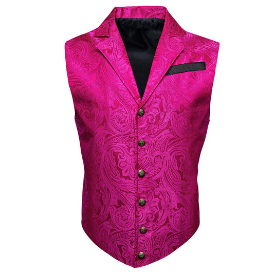 Hot Pink Floral Silk Notched Collar Vest Set vest set S (Chest 40")   - Sophisticated Gentlemen