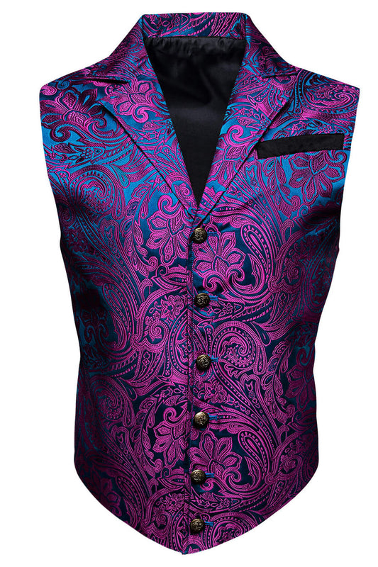 New Purple Blue Floral Silk Notch Collar Vest Set vest set S (Chest 40")   - Sophisticated Gentlemen