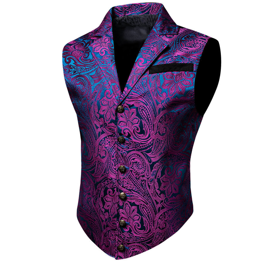 New Purple Blue Floral Silk Notch Collar Vest Set vest set    - Sophisticated Gentlemen
