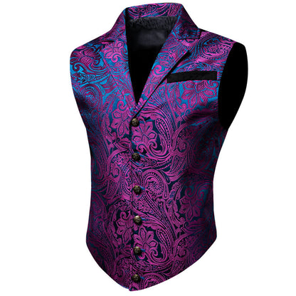 New Purple Blue Floral Silk Notch Collar Vest Set vest set    - Sophisticated Gentlemen