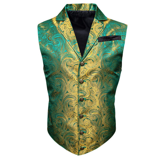 Teal Olive Drab Green Paisley Silk Collar Vest Set vest set S (Chest 40")   - Sophisticated Gentlemen
