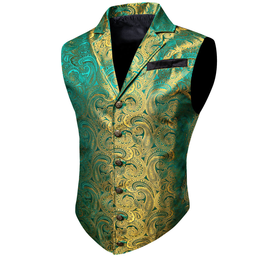 Teal Olive Drab Green Paisley Silk Collar Vest Set vest set    - Sophisticated Gentlemen