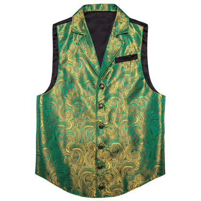 Teal Olive Drab Green Paisley Silk Collar Vest Set vest set    - Sophisticated Gentlemen