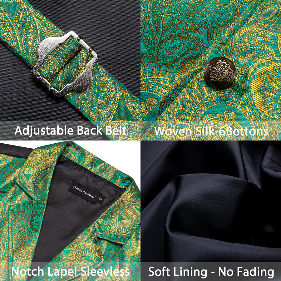 Teal Olive Drab Green Paisley Silk Collar Vest Set vest set    - Sophisticated Gentlemen