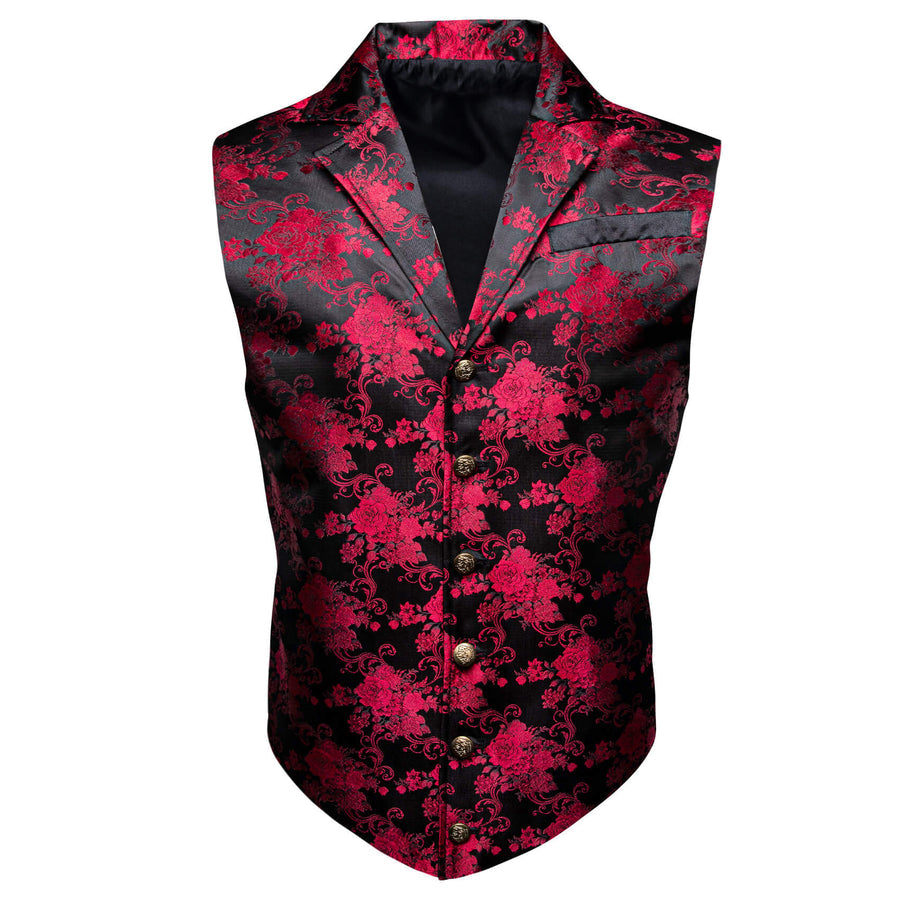 Red Jacquard Floral Silk Notch Collar Vest Set vest set S (Chest 40")   - Sophisticated Gentlemen