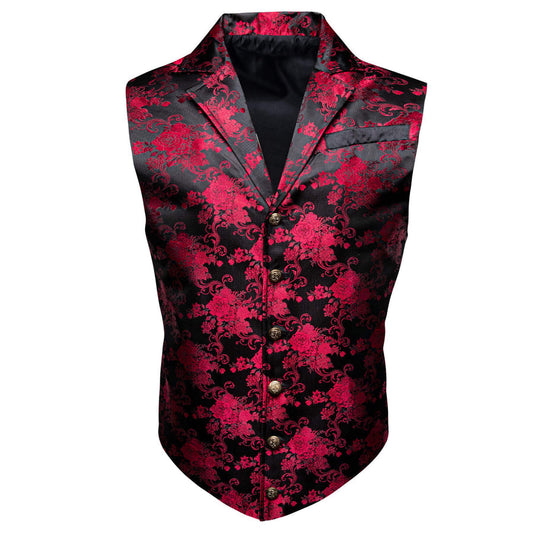 Red Jacquard Floral Silk Notch Collar Vest Set vest set S (Chest 40")   - Sophisticated Gentlemen