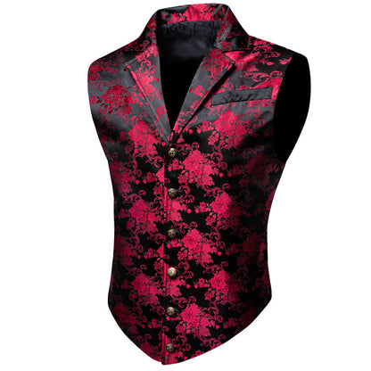 Red Jacquard Floral Silk Notch Collar Vest Set vest set    - Sophisticated Gentlemen