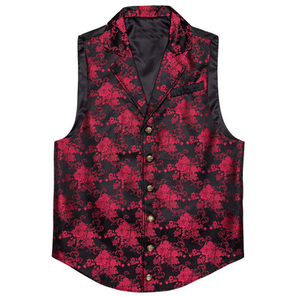 Red Jacquard Floral Silk Notch Collar Vest Set vest set    - Sophisticated Gentlemen