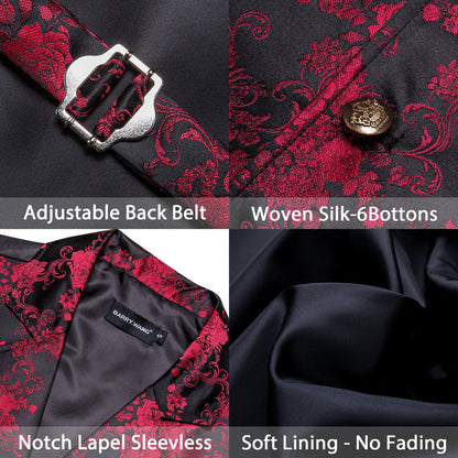 Red Jacquard Floral Silk Notch Collar Vest Set vest set    - Sophisticated Gentlemen