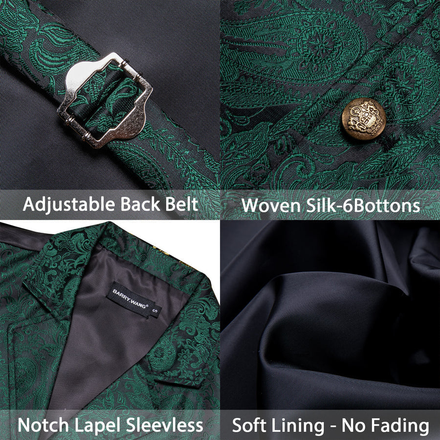 Sapphire Pine Green Paisley Silk Collar Vest Set vest set    - Sophisticated Gentlemen