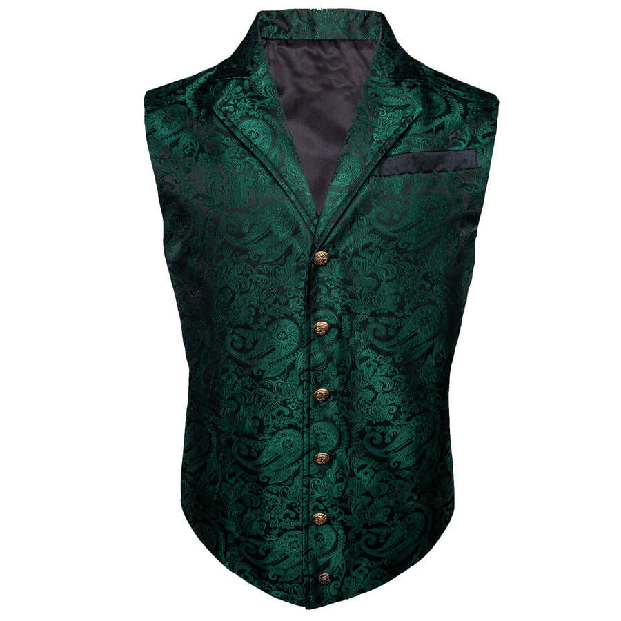 Sapphire Pine Green Paisley Silk Collar Vest Set vest set S (Chest 40")   - Sophisticated Gentlemen