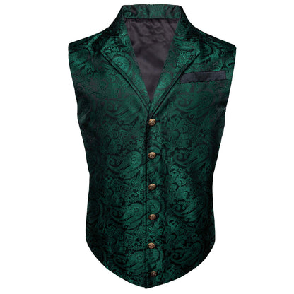Sapphire Pine Green Paisley Silk Collar Vest Set vest set S (Chest 40")   - Sophisticated Gentlemen