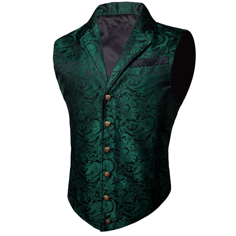 Sapphire Pine Green Paisley Silk Collar Vest Set vest set    - Sophisticated Gentlemen