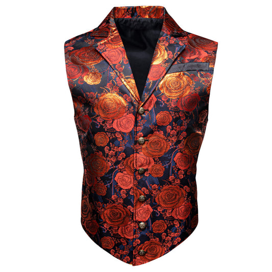 Orange Woven Floral Silk Notch Collar Vest Set vest set S (Chest 40")   - Sophisticated Gentlemen