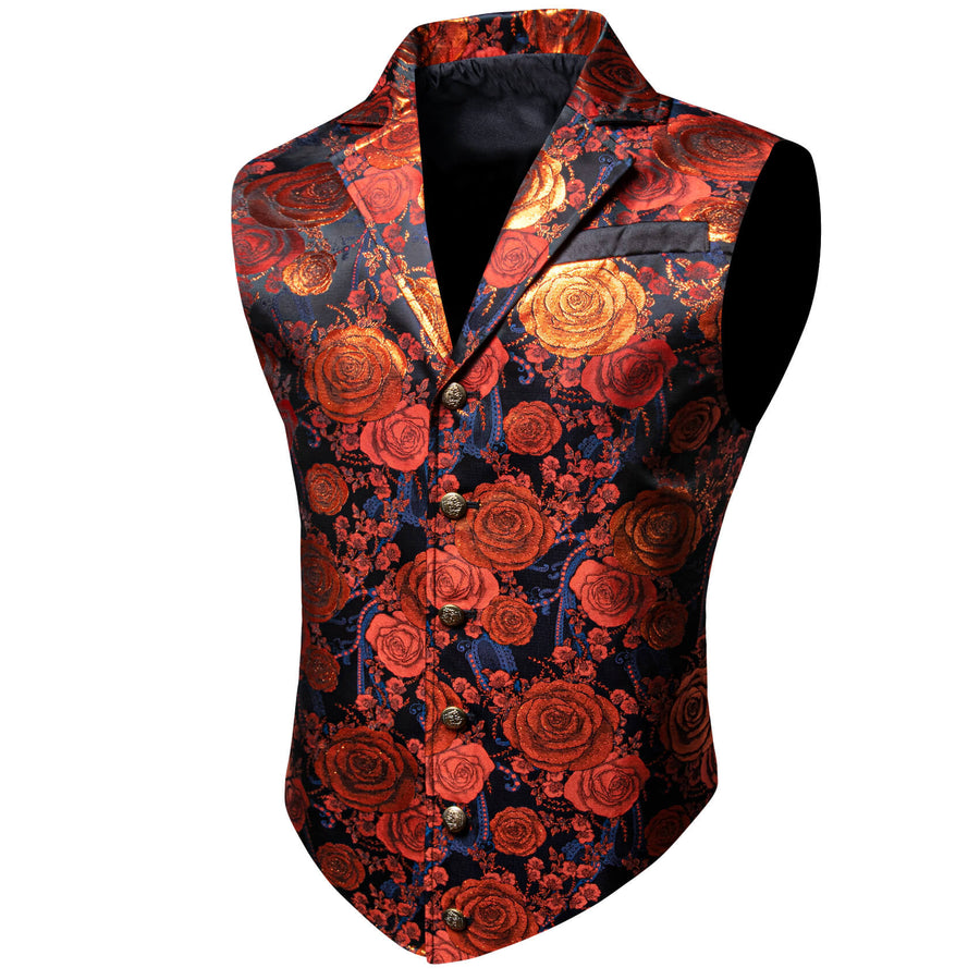 Orange Woven Floral Silk Notch Collar Vest Set vest set    - Sophisticated Gentlemen
