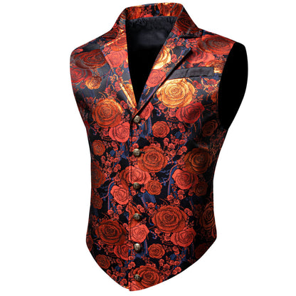 Orange Woven Floral Silk Notch Collar Vest Set vest set    - Sophisticated Gentlemen