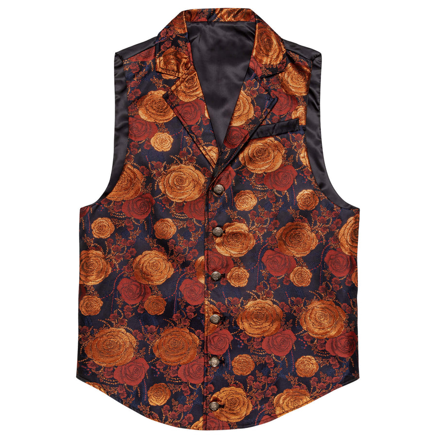 Orange Woven Floral Silk Notch Collar Vest Set vest set    - Sophisticated Gentlemen