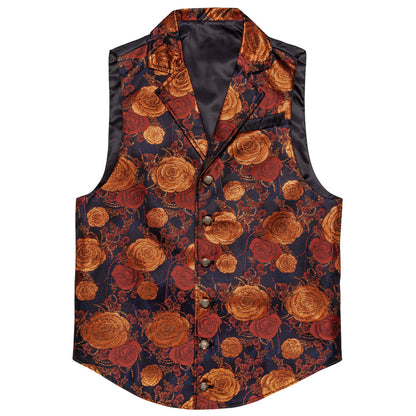 Orange Woven Floral Silk Notch Collar Vest Set vest set    - Sophisticated Gentlemen