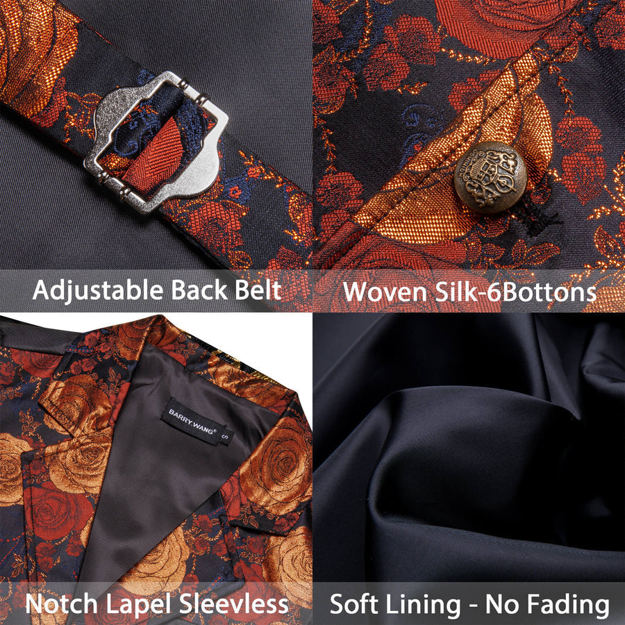 Orange Woven Floral Silk Notch Collar Vest Set vest set    - Sophisticated Gentlemen