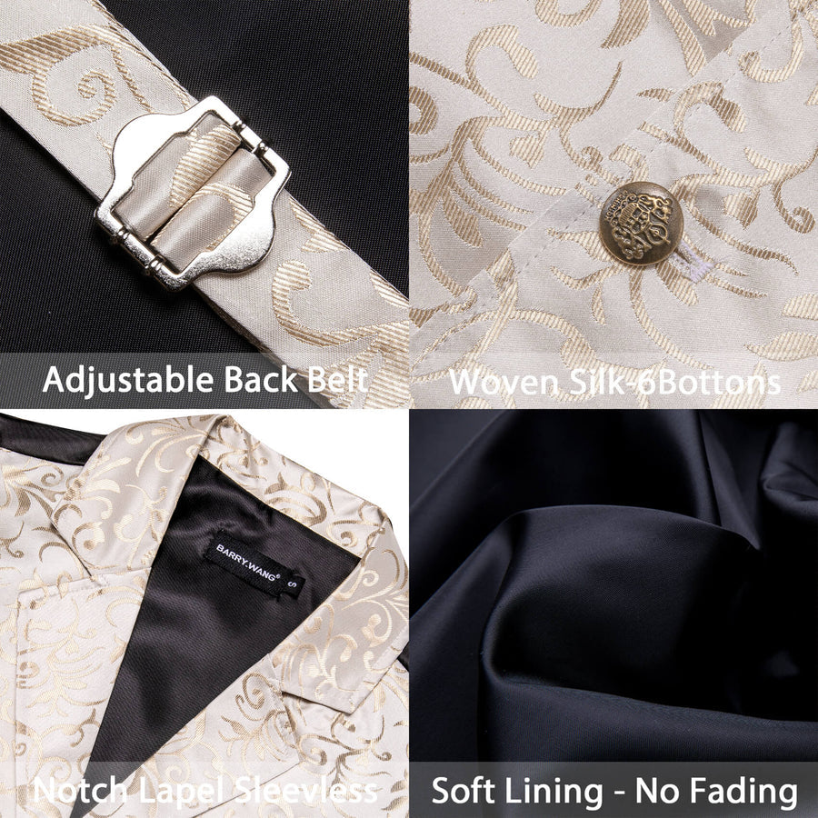 Champagne Floral Silk Notched Collar Vest Set vest set    - Sophisticated Gentlemen